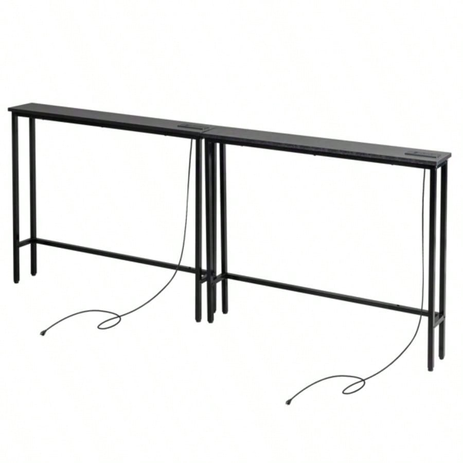 2 Pack 39.4 Narrow Console Sofa Table with Power Outlets and USB Ports, Long Couch Table with Metal Frame and Charge Station with 4.9ft Extension Cord, Black