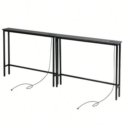 2 Pack 39.4 Narrow Console Sofa Table with Power Outlets and USB Ports, Long Couch Table with Metal Frame and Charge Station with 4.9ft Extension Cord, Black