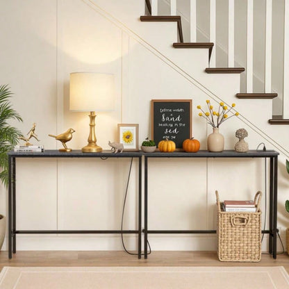 2 Pack 39.4 Narrow Console Sofa Table with Power Outlets and USB Ports, Long Couch Table with Metal Frame and Charge Station with 4.9ft Extension Cord, Black