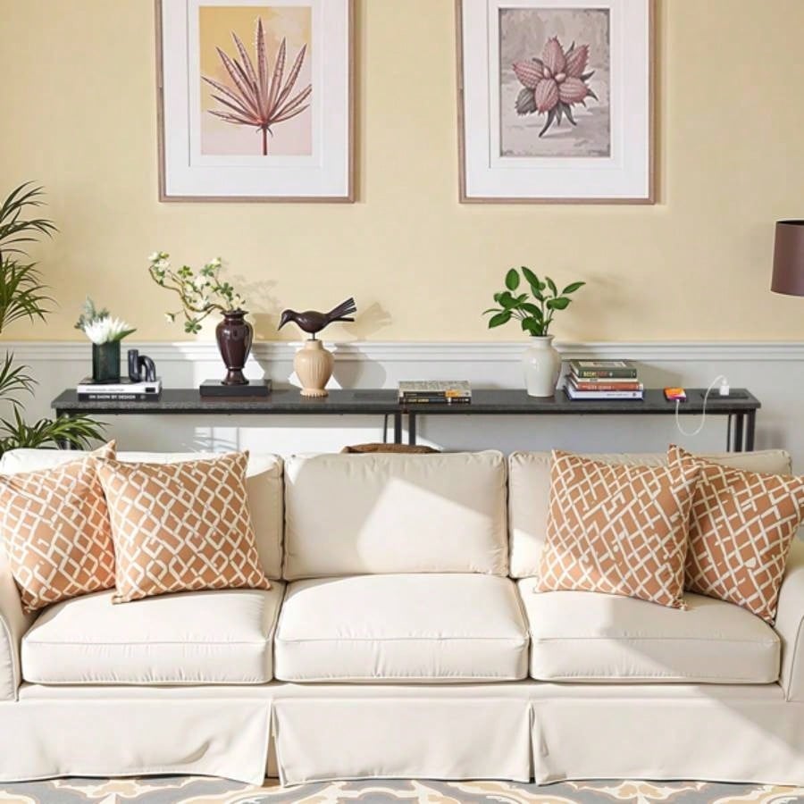 2 Pack 39.4 Narrow Console Sofa Table with Power Outlets and USB Ports, Long Couch Table with Metal Frame and Charge Station with 4.9ft Extension Cord, Black