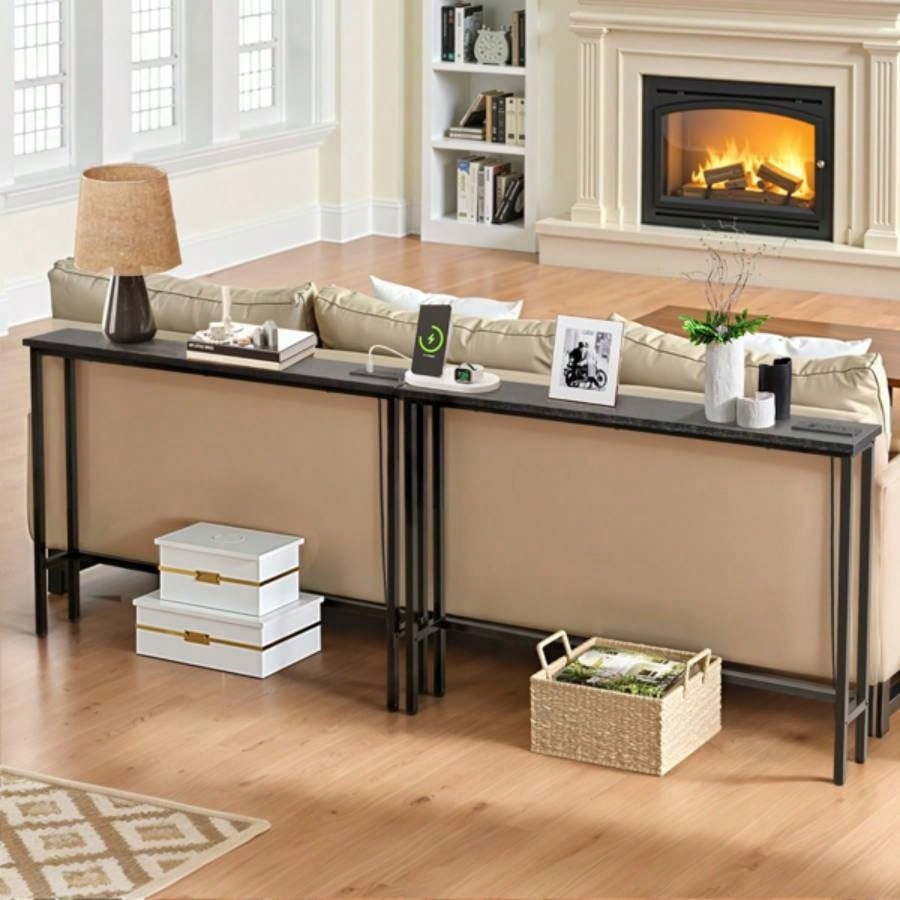 2 Pack 39.4 Narrow Console Sofa Table with Power Outlets and USB Ports, Long Couch Table with Metal Frame and Charge Station with 4.9ft Extension Cord, Black