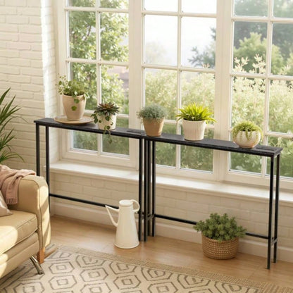 2 Pack 39.4 Narrow Console Sofa Table with Power Outlets and USB Ports, Long Couch Table with Metal Frame and Charge Station with 4.9ft Extension Cord, Black
