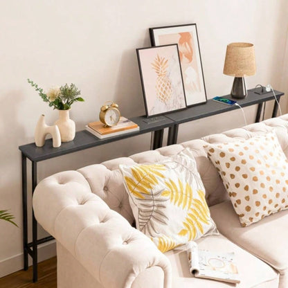 2 Pack 39.4 Narrow Console Sofa Table with Power Outlets and USB Ports, Long Couch Table with Metal Frame and Charge Station with 4.9ft Extension Cord, Black