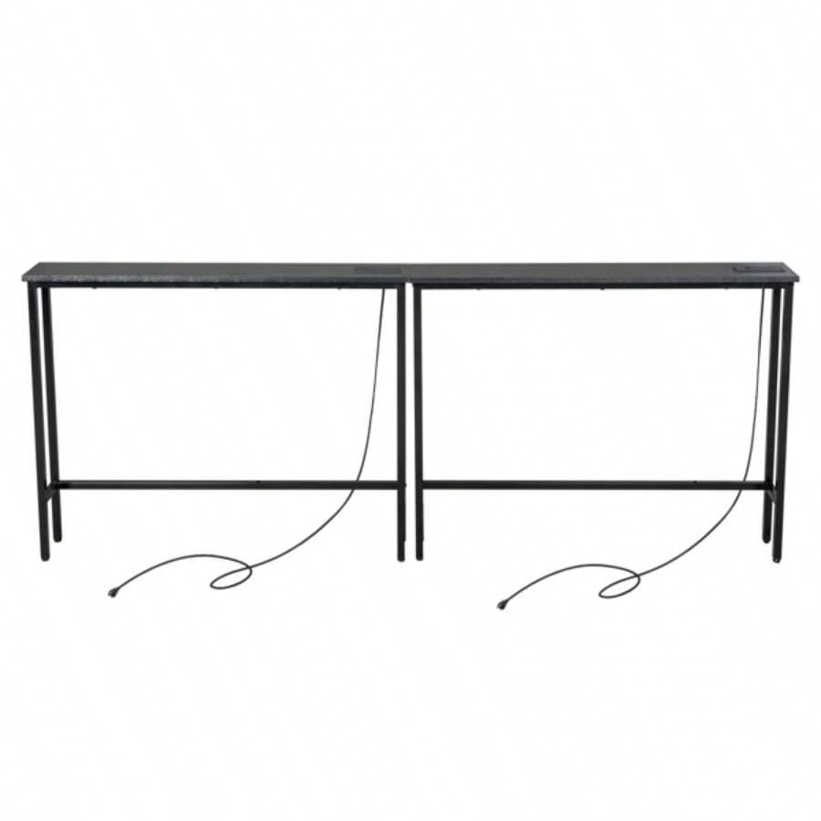 2 Pack 39.4 Narrow Console Sofa Table with Power Outlets and USB Ports, Long Couch Table with Metal Frame and Charge Station with 4.9ft Extension Cord, Black