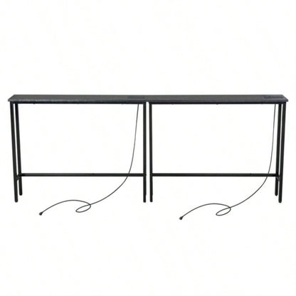 2 Pack 39.4 Narrow Console Sofa Table with Power Outlets and USB Ports, Long Couch Table with Metal Frame and Charge Station with 4.9ft Extension Cord, Black