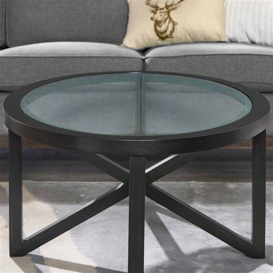 Modern simple glass coffee table, tempered glass coffee table solid wood base round transparent glass top modern living room terrace study coffee table