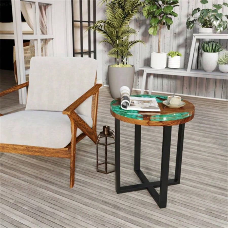 20 - inch round end table with epoxy top indoor and outdoor use