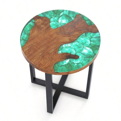 20 - inch round end table with epoxy top indoor and outdoor use