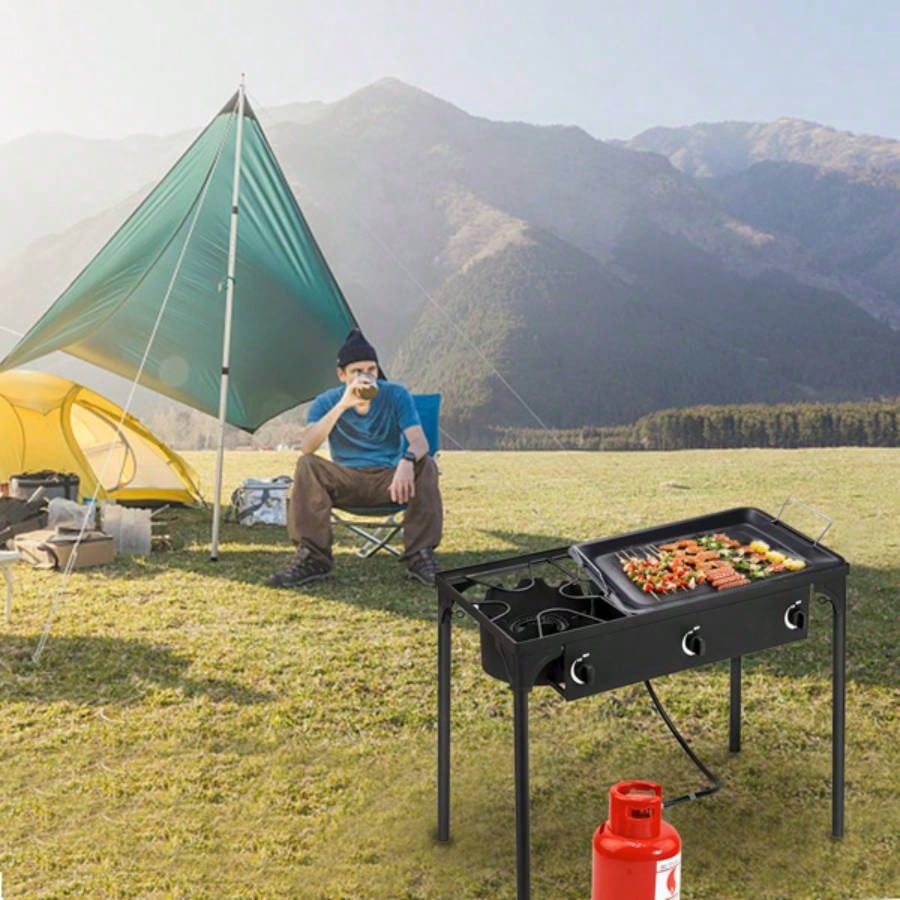Outdoor Camp Stove High Pressure Propane Gas Cooker Portable Cast Iron Patio Cooking Three 225000 - BTU