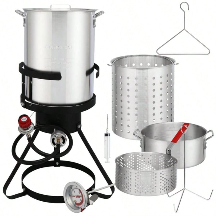 13*32inch Four - Piece Set, Black Round Iron Stove Frame, Silver Aluminum 30qt Turkey Pot 10qt Fish Pot, Gas Fryer