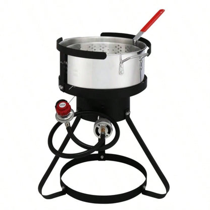 13*32inch Four - Piece Set, Black Round Iron Stove Frame, Silver Aluminum 30qt Turkey Pot 10qt Fish Pot, Gas Fryer