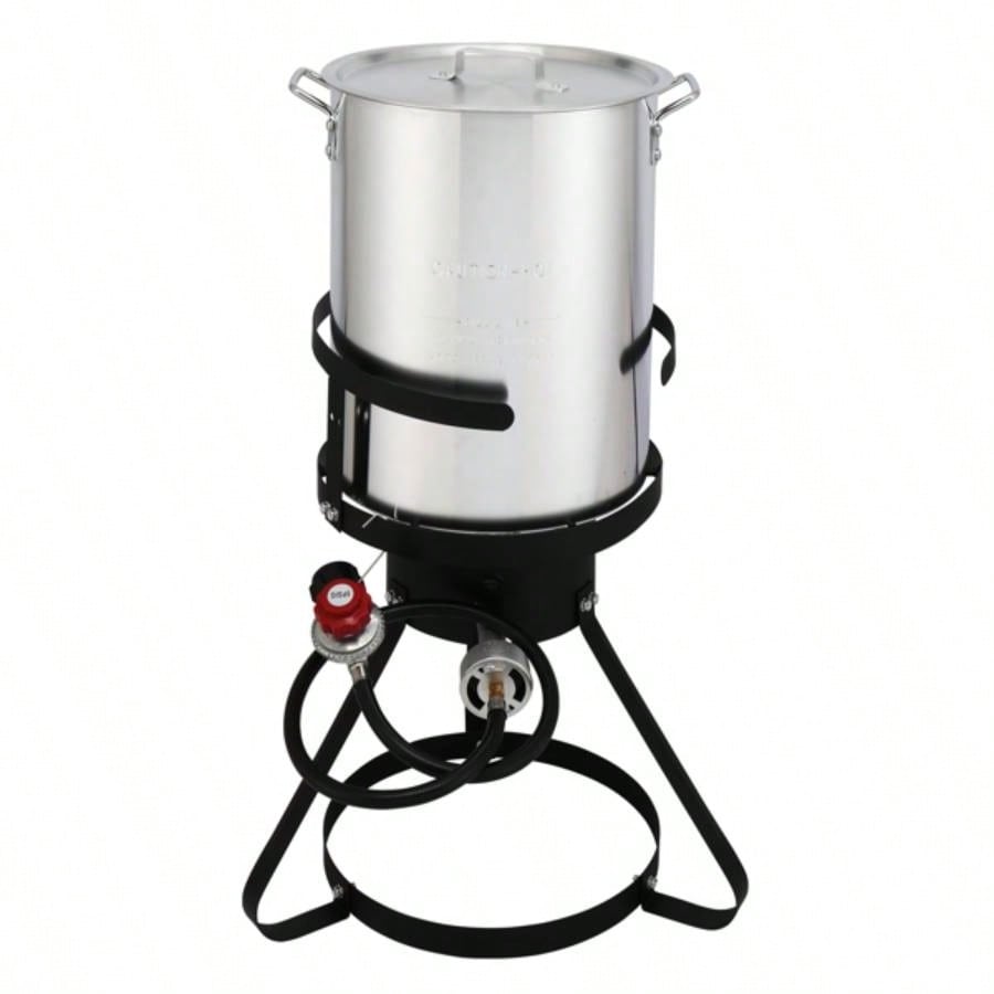 13*32inch Four - Piece Set, Black Round Iron Stove Frame, Silver Aluminum 30qt Turkey Pot 10qt Fish Pot, Gas Fryer