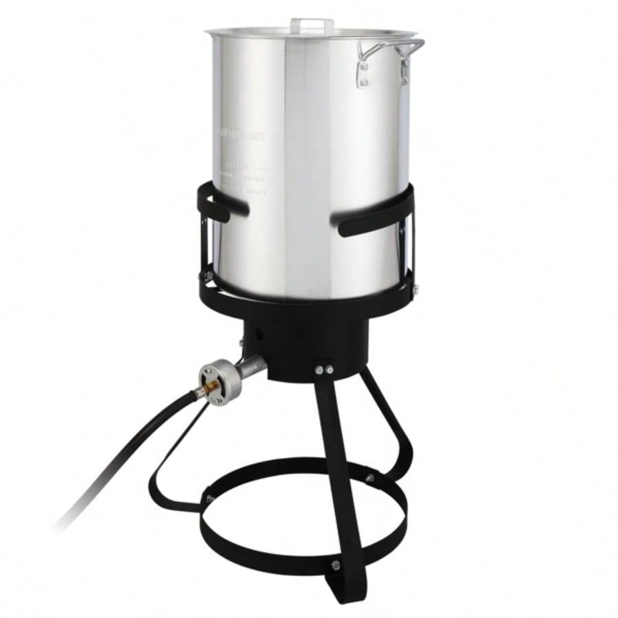 13*32inch Four - Piece Set, Black Round Iron Stove Frame, Silver Aluminum 30qt Turkey Pot 10qt Fish Pot, Gas Fryer