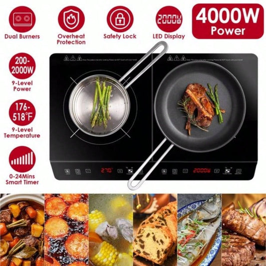 Double Induction Cooktop, Portable Dual Countertop with Sensor, 4000W Induction Cooktop 2, Countertop Cooker with 9 Temp Power Levels, 3 - Hour Timer, Safety Lock