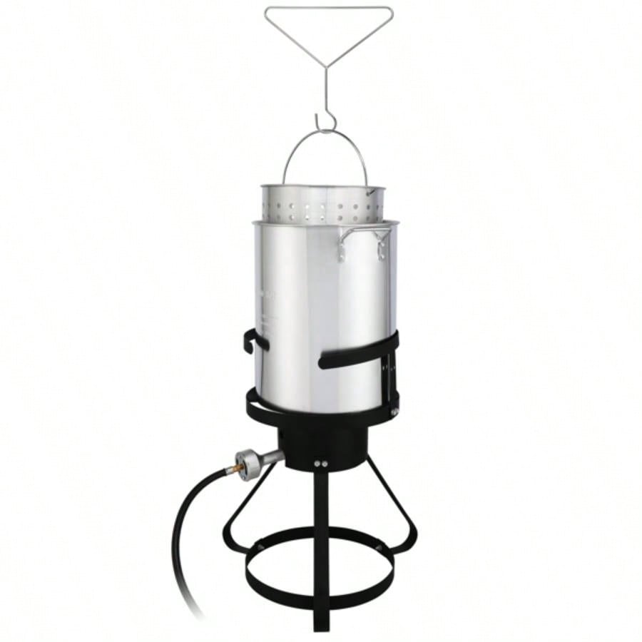 13*32inch Four - Piece Set, Black Round Iron Stove Frame, Silver Aluminum 30qt Turkey Pot 10qt Fish Pot, Gas Fryer