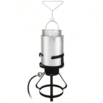 13*32inch Four - Piece Set, Black Round Iron Stove Frame, Silver Aluminum 30qt Turkey Pot 10qt Fish Pot, Gas Fryer