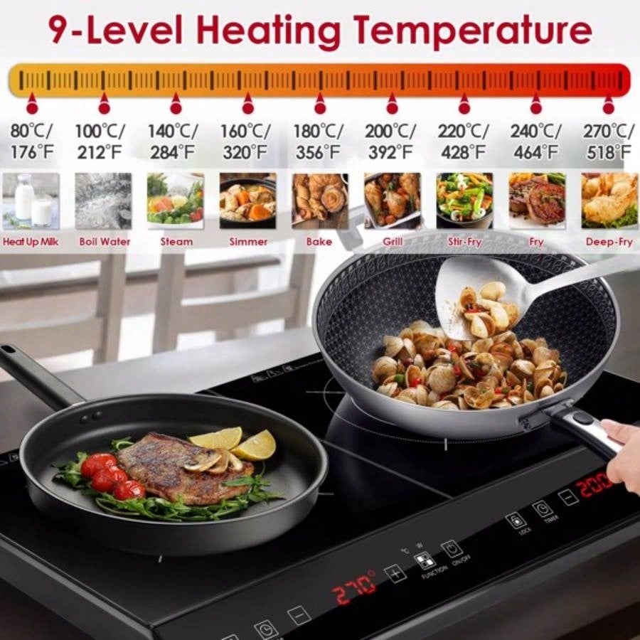 Double Induction Cooktop, Portable Dual Countertop with Sensor, 4000W Induction Cooktop 2, Countertop Cooker with 9 Temp Power Levels, 3 - Hour Timer, Safety Lock