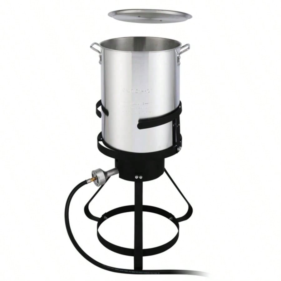 13*32inch Four - Piece Set, Black Round Iron Stove Frame, Silver Aluminum 30qt Turkey Pot 10qt Fish Pot, Gas Fryer