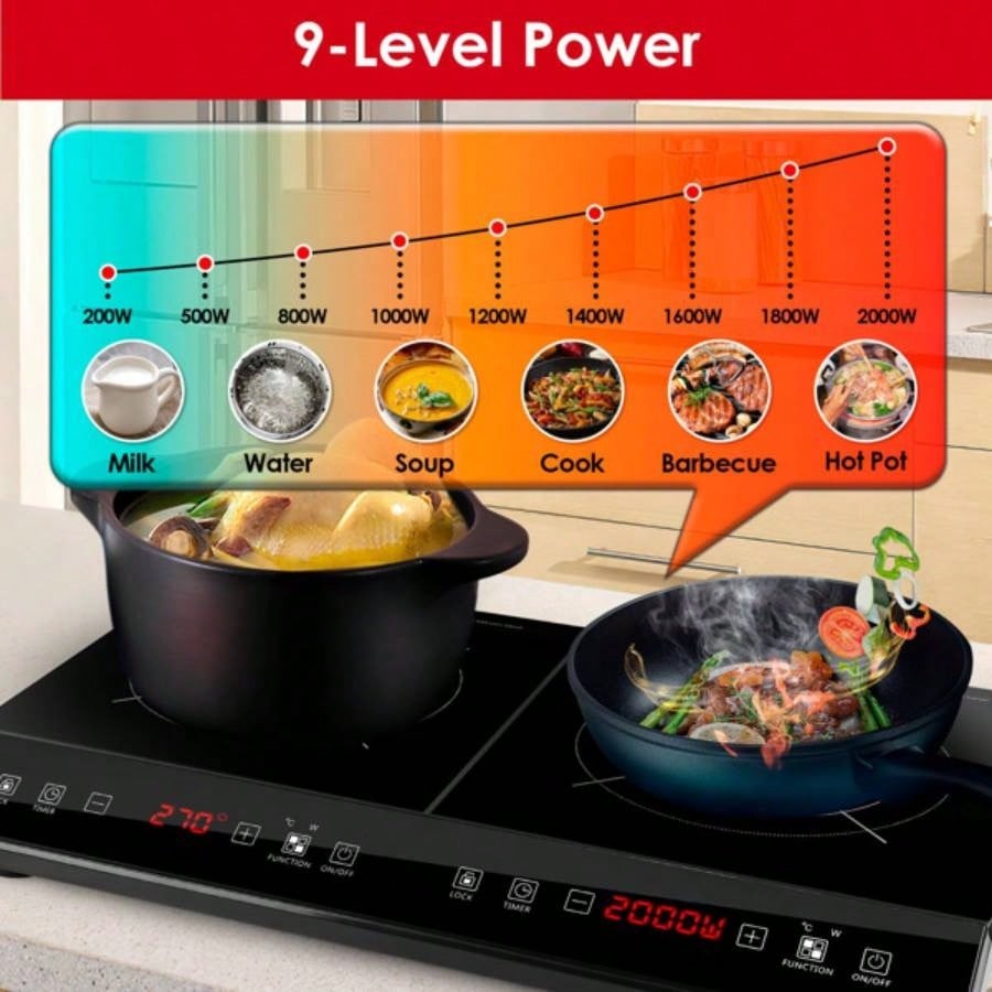 Double Induction Cooktop, Portable Dual Countertop with Sensor, 4000W Induction Cooktop 2, Countertop Cooker with 9 Temp Power Levels, 3 - Hour Timer, Safety Lock