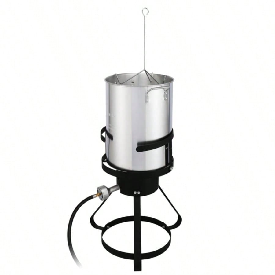 13*32inch Four - Piece Set, Black Round Iron Stove Frame, Silver Aluminum 30qt Turkey Pot 10qt Fish Pot, Gas Fryer