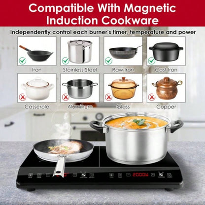 Double Induction Cooktop, Portable Dual Countertop with Sensor, 4000W Induction Cooktop 2, Countertop Cooker with 9 Temp Power Levels, 3 - Hour Timer, Safety Lock