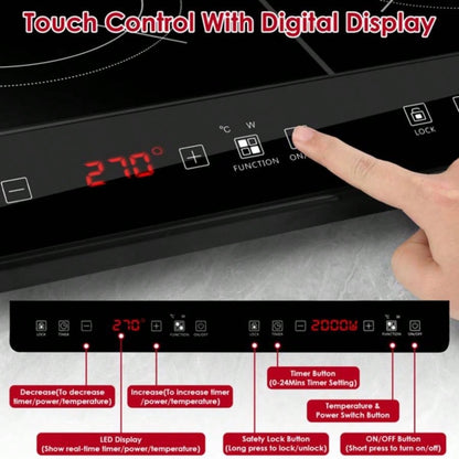 Double Induction Cooktop, Portable Dual Countertop with Sensor, 4000W Induction Cooktop 2, Countertop Cooker with 9 Temp Power Levels, 3 - Hour Timer, Safety Lock