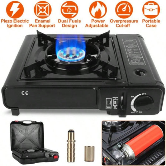 3300W Portable Camping Stove Butane Canister Dual Fuel Piezo Ignition Single with Automatic Ejection Overpressure Cut Off Carry Camping Hiking Picnic Fishing BBQ