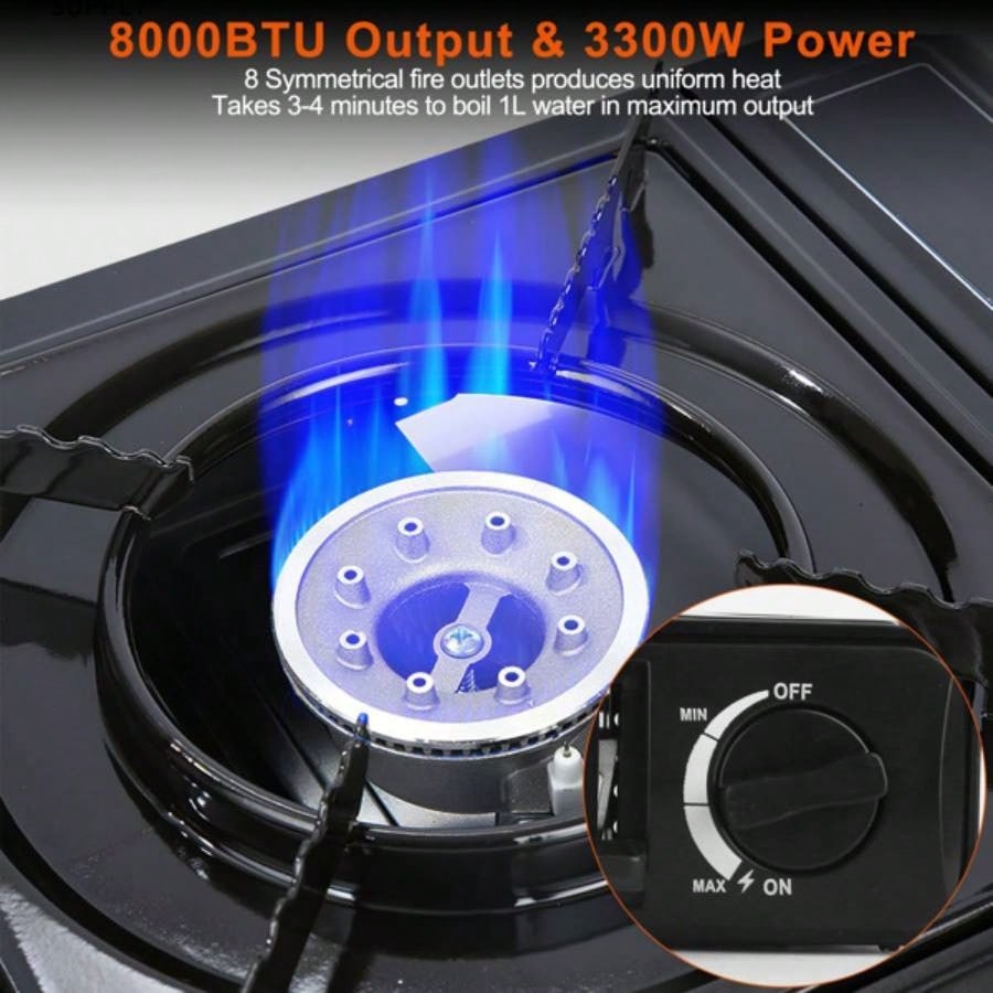3300W Portable Camping Stove Butane Canister Dual Fuel Piezo Ignition Single with Automatic Ejection Overpressure Cut Off Carry Camping Hiking Picnic Fishing BBQ
