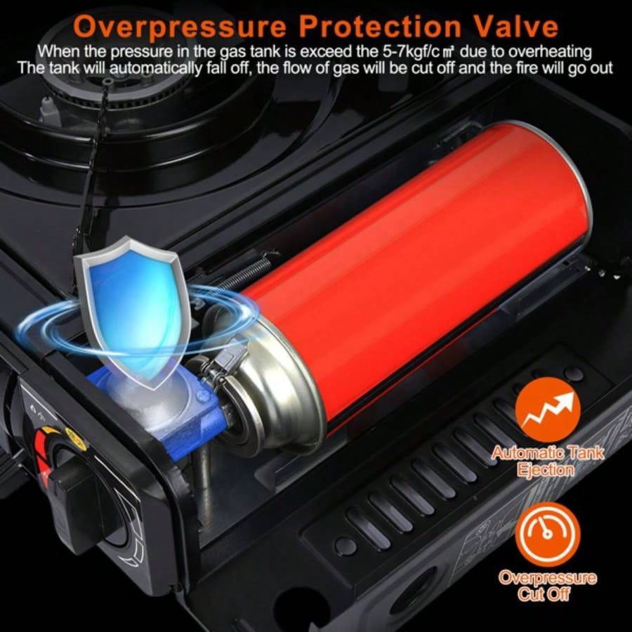 3300W Portable Camping Stove Butane Canister Dual Fuel Piezo Ignition Single with Automatic Ejection Overpressure Cut Off Carry Camping Hiking Picnic Fishing BBQ