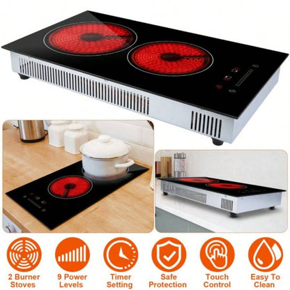 Dual Induction Burners Cooktop 110V Total 1900W Stove Built - in Ceramic Stove with Timer Setting 9 Firepower Levels Over Heating