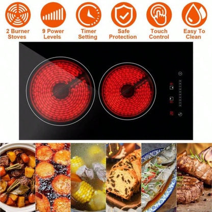Dual Induction Burners Cooktop 110V Total 1900W Stove Built - in Ceramic Stove with Timer Setting 9 Firepower Levels Over Heating