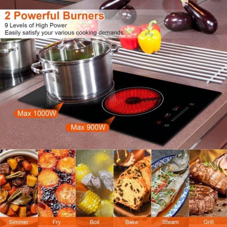 Dual Induction Burners Cooktop 110V Total 1900W Stove Built - in Ceramic Stove with Timer Setting 9 Firepower Levels Over Heating