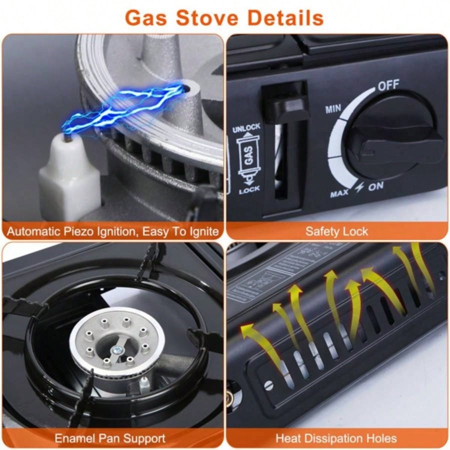 3300W Portable Camping Stove Butane Canister Dual Fuel Piezo Ignition Single with Automatic Ejection Overpressure Cut Off Carry Camping Hiking Picnic Fishing BBQ
