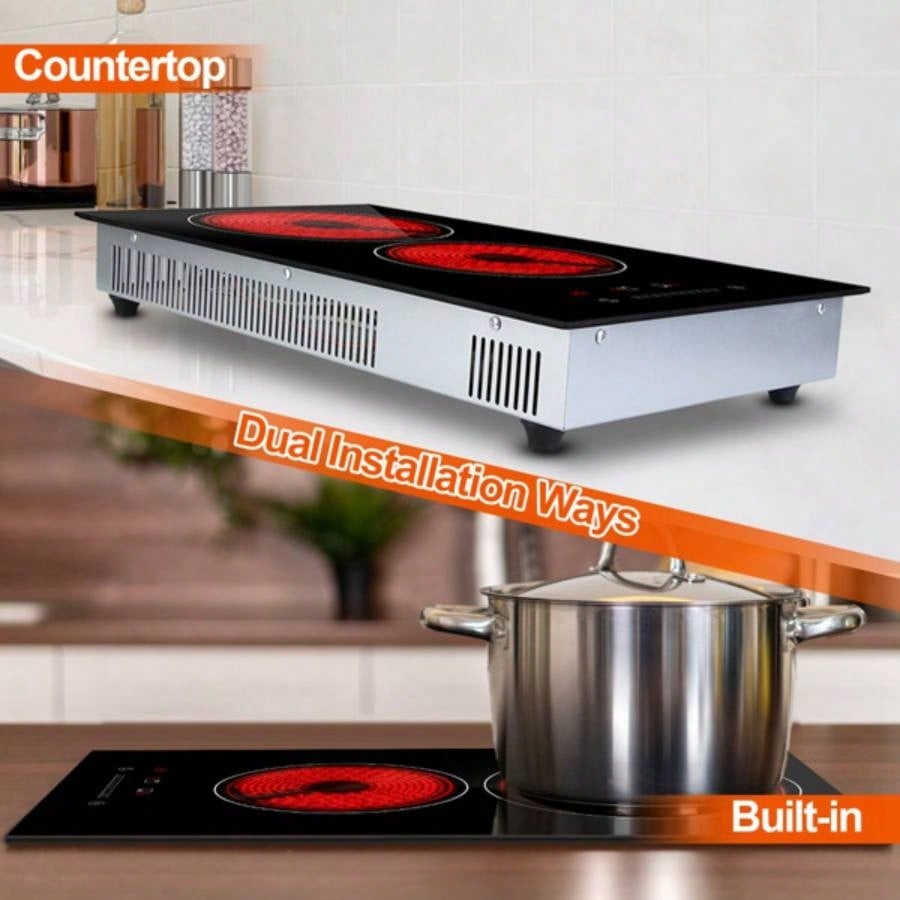 Dual Induction Burners Cooktop 110V Total 1900W Stove Built - in Ceramic Stove with Timer Setting 9 Firepower Levels Over Heating