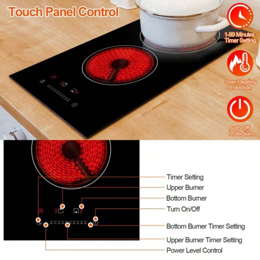 Dual Induction Burners Cooktop 110V Total 1900W Stove Built - in Ceramic Stove with Timer Setting 9 Firepower Levels Over Heating