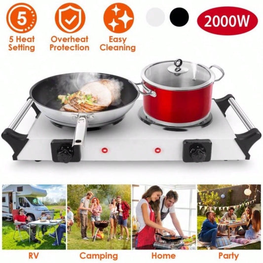 Hot Plate 2000W Hot Plate, Portable Stove Countertop Double Burners/5 Level Temperature Control Stay Cool Handles, Easy to Clean, Lightweight Cast Iron Stove RV/Home/Camp 110V