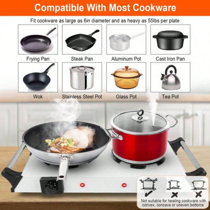 2000W Dual Hot Plate, 5 Temperature Settings 392 - 932 Portable Countertop Stove All Flat Cookware, Fast Even Heating, Easy to Clean, Dorms, RVs, Apartments