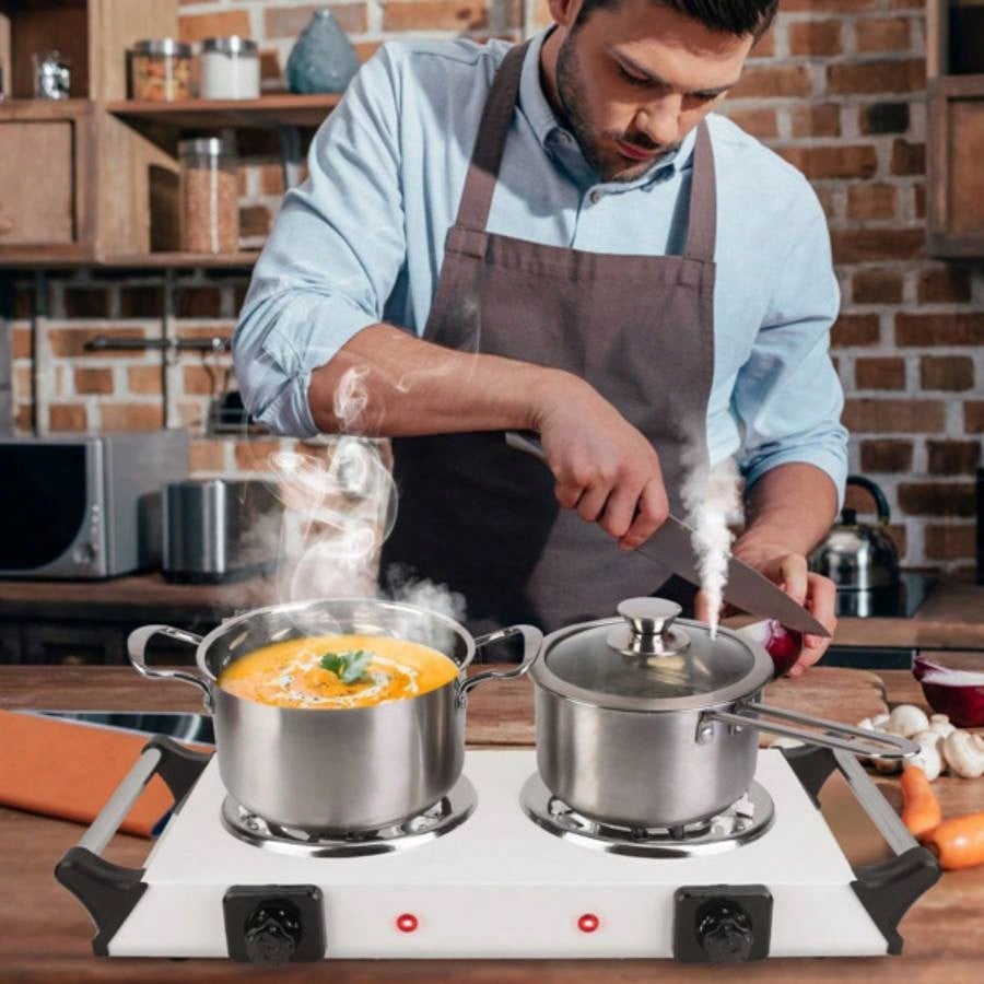 Hot Plate 2000W Hot Plate, Portable Stove Countertop Double Burners/5 Level Temperature Control Stay Cool Handles, Easy to Clean, Lightweight Cast Iron Stove RV/Home/Camp 110V