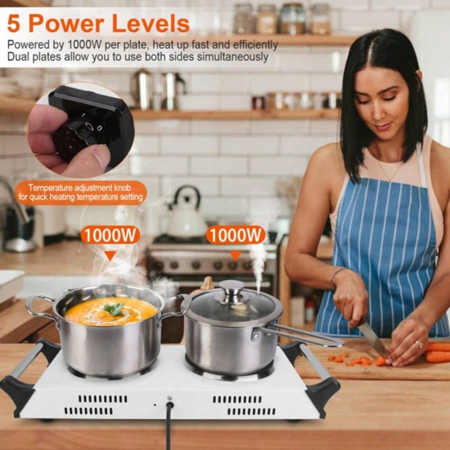 2000W Dual Hot Plate, 5 Temperature Settings 392 - 932 Portable Countertop Stove All Flat Cookware, Fast Even Heating, Easy to Clean, Dorms, RVs, Apartments