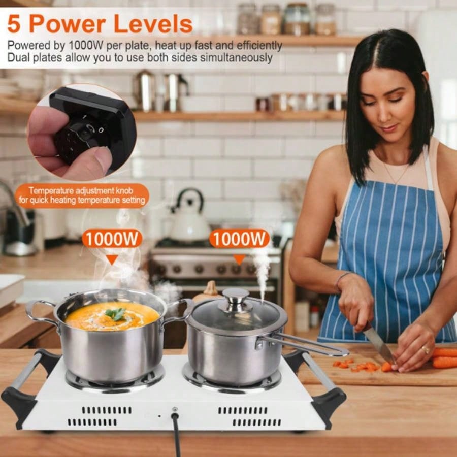 Hot Plate 2000W Hot Plate, Portable Stove Countertop Double Burners/5 Level Temperature Control Stay Cool Handles, Easy to Clean, Lightweight Cast Iron Stove RV/Home/Camp 110V