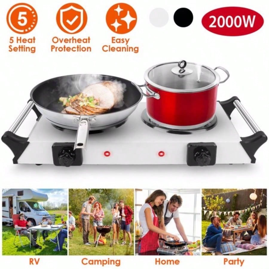 Hot Plate 2000W Hot Plate, Portable Stove Countertop Double Burners/5 Level Temperature Control Stay Cool Handles, Easy to Clean, Lightweight Cast Iron Stove RV/Home/Camp 110V