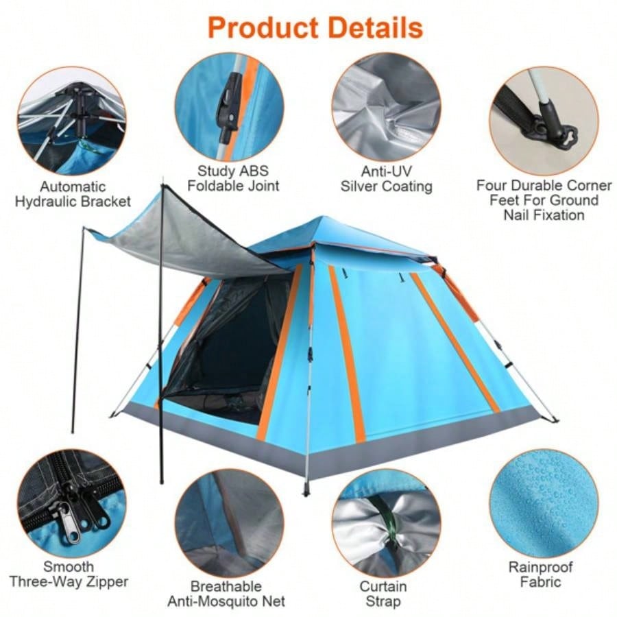 4 - 5 Person - Up Camping Tent, Instant Setup Family Tent with 2 Mosquito, Portable Hiking, Backpacking Outdoor Adventures, Waterproof Windproof - Blue
