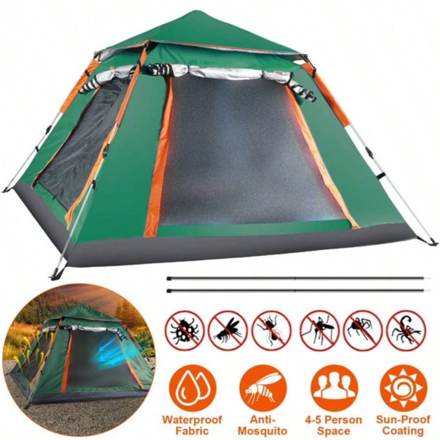4 - 5 Person - Up Camping Tent, Instant Setup Family Tent with 2 Mosquito, Portable Hiking, Backpacking Outdoor Adventures, Waterproof Windproof - Green