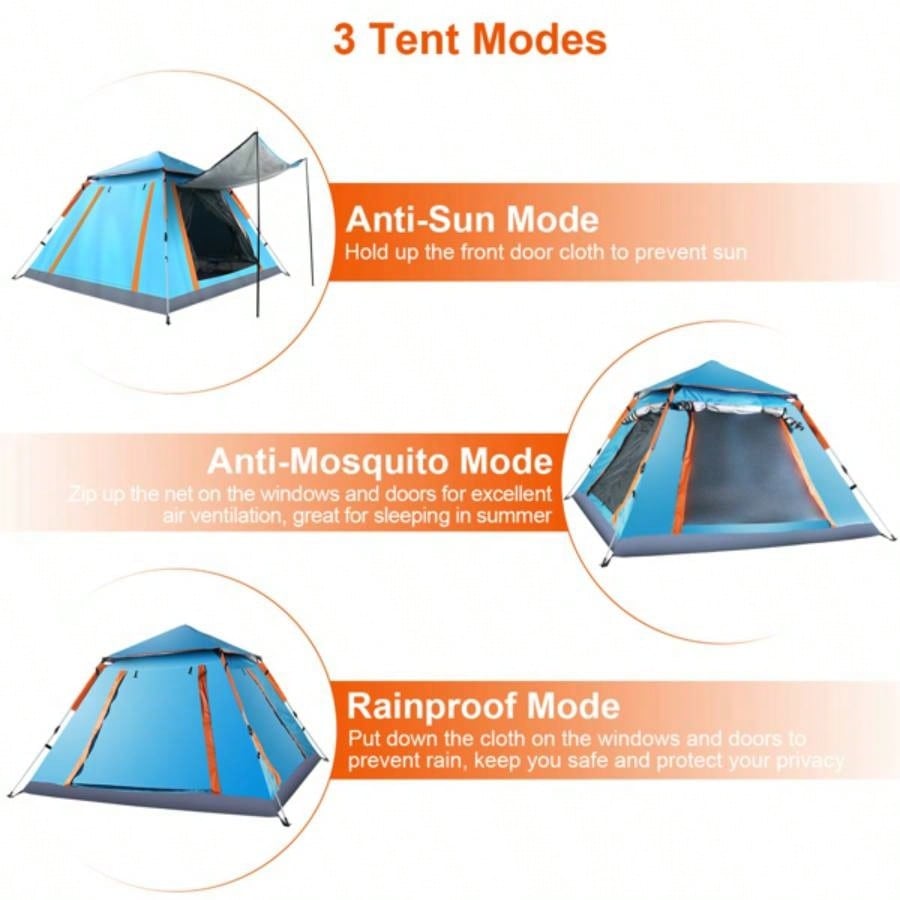 4 - 5 Person - Up Camping Tent, Instant Setup Family Tent with 2 Mosquito, Portable Hiking, Backpacking Outdoor Adventures, Waterproof Windproof - Blue