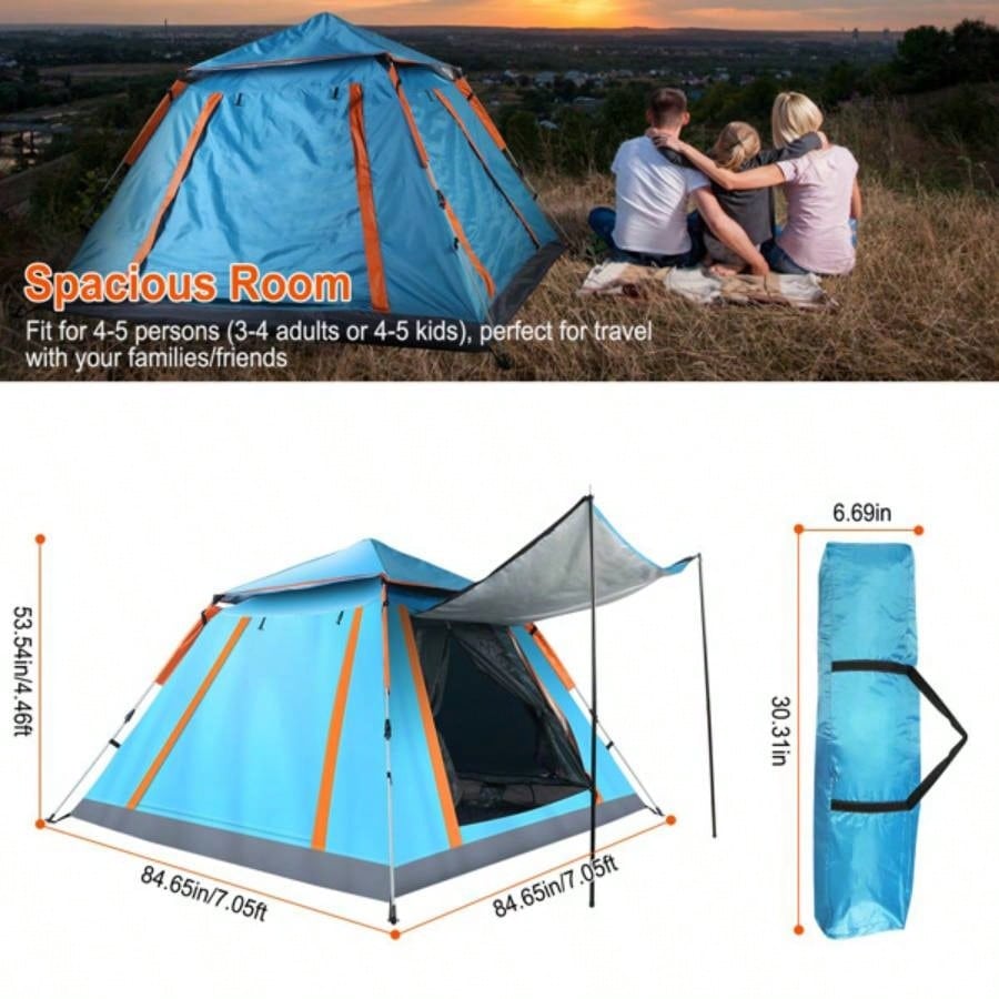 4 - 5 Person - Up Camping Tent, Instant Setup Family Tent with 2 Mosquito, Portable Hiking, Backpacking Outdoor Adventures, Waterproof Windproof - Blue