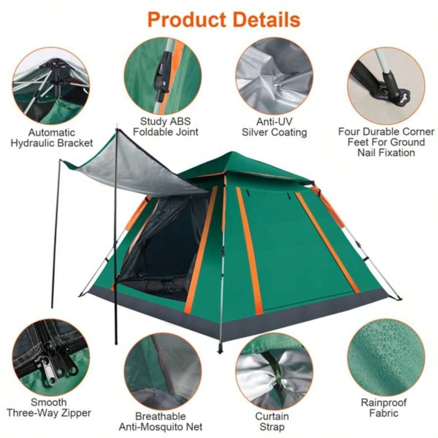 4 - 5 Person - Up Camping Tent, Instant Setup Family Tent with 2 Mosquito, Portable Hiking, Backpacking Outdoor Adventures, Waterproof Windproof - Green