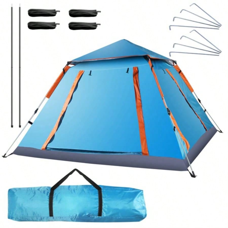 4 - 5 Person - Up Camping Tent, Instant Setup Family Tent with 2 Mosquito, Portable Hiking, Backpacking Outdoor Adventures, Waterproof Windproof - Blue