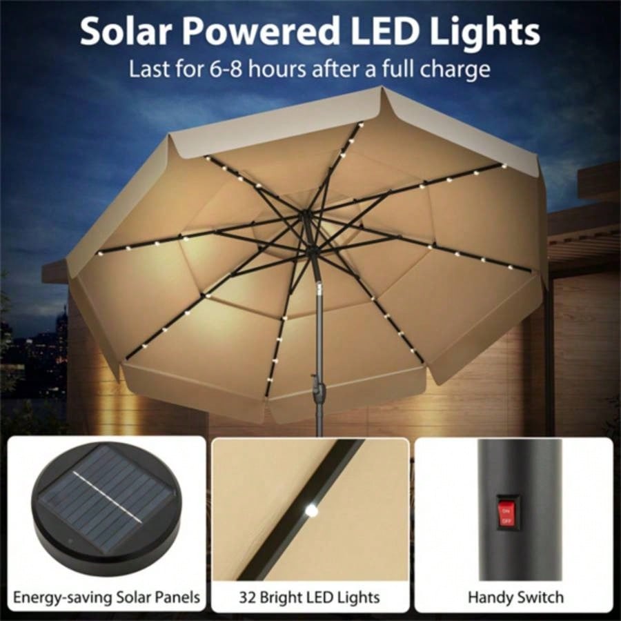 10 foot beige terrace with powered LED lights and multi - layered ventilated roof