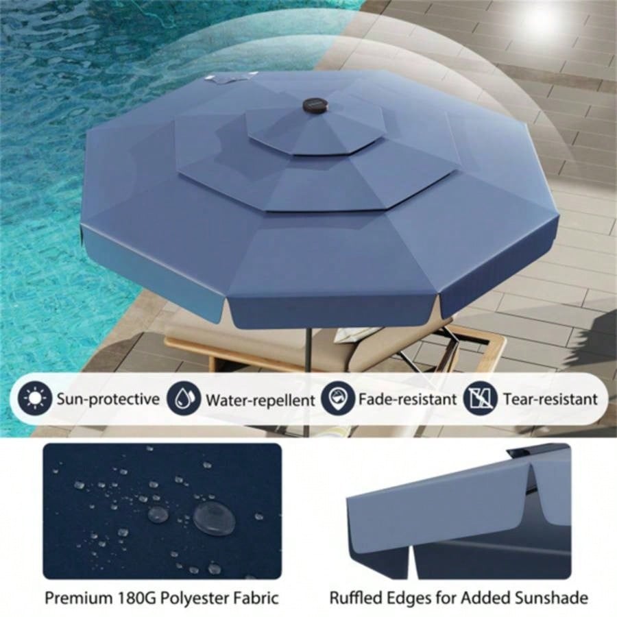 10 foot navy terrace with powered LED lights and multi - layered ventilated roof