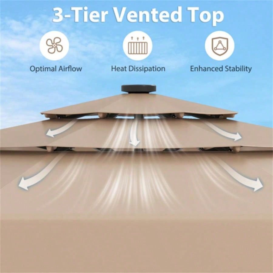 10 foot taupe terrace with powered LED lights and multi - layered ventilated roof